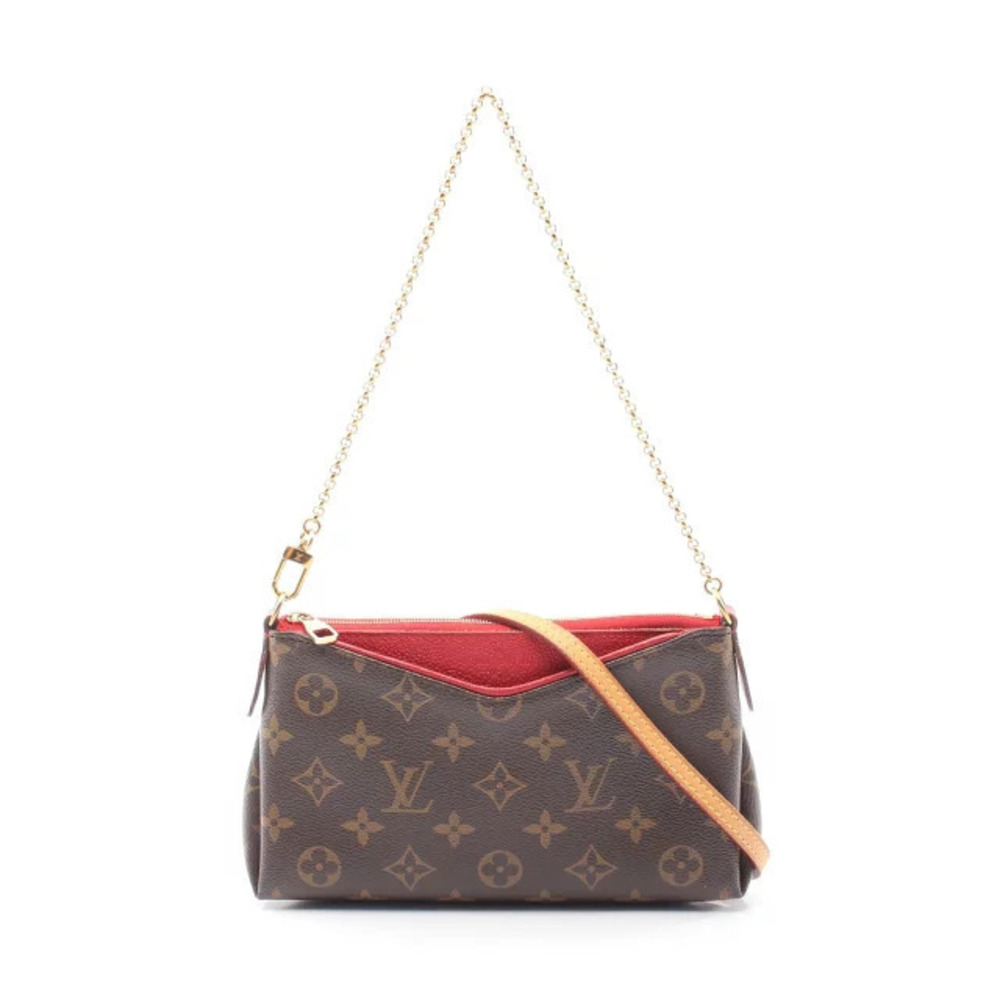 Louis Vuitton Pallas Clutch Handbag Canvas Leather Monogram Brown Red